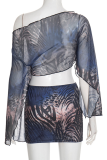 Black Sexy Print Patchwork Oblique Collar Long Sleeve Two Pieces