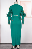 Green Elegant Solid Color Hollow Out Slit V Neck Long Plus Size Dresses