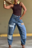 Blue Casual Solid Color Patchwork Regular Denim Jeans