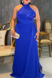 Blue Elegant Solid Color Sequins O Neck Long Plus Size Dresses