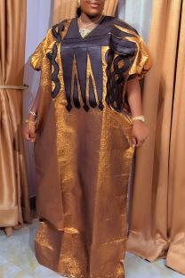 Coffee Casual Print Contrast V Neck Long Dresses