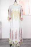Yellow Elegant Print Patchwork O Neck Long Plus Size Dresses