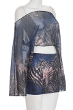 Black Sexy Print Patchwork Oblique Collar Long Sleeve Two Pieces