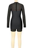 Brown Sexy Solid Color Mesh O Neck Long Sleeve Two Pieces