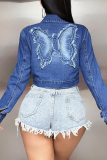 Blue Casual Butterfly Buckle Turndown Collar Long Sleeve Straight Denim Jacket