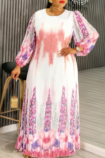 Orange Elegant Print Patchwork O Neck Long Plus Size Dresses