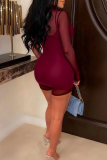 Brown Sexy Solid Color Mesh O Neck Long Sleeve Two Pieces