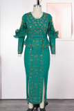 Green Elegant Solid Color Hollow Out Slit V Neck Long Plus Size Dresses