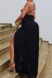 Black Sexy Solid Color High Slit Spaghetti Strap Long Dresses