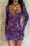 Rose Red Sexy Print Patchwork Square Neck Wrapped Skirt Dresses