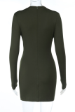 Army Green Sexy Solid Color Hollow Out O Neck Wrapped Skirt Dresses