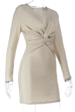 Gold Sexy Solid Color Ruched V Neck Wrapped Skirt Dresses