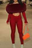 Burgundy Sexy Solid Color Hollow Out Off Shoulder Skinny Jumpsuits