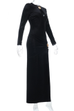 Black Elegant Solid Color High Slit V Neck Long Dresses