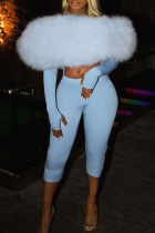 Blue Sexy Solid Color Hollow Out Off Shoulder Skinny Jumpsuits