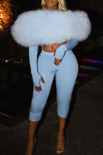 Blue Sexy Solid Color Hollow Out Off Shoulder Skinny Jumpsuits