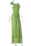 Green Elegant Solid Color Patchwork Off Shoulder Long Dresses