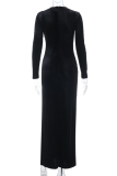 Black Elegant Solid Color High Slit V Neck Long Dresses