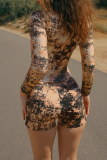 Brown Casual Print Zipper Zipper Collar Long Sleeve Two Pieces