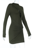 Army Green Sexy Solid Color Hollow Out O Neck Wrapped Skirt Dresses