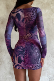 Rose Red Sexy Print Patchwork Square Neck Wrapped Skirt Dresses