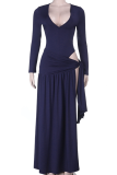Tibetan Blue Sexy Solid Color High Slit V Neck Long Dresses