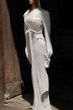 White Casual Solid Color Strap Design V Neck Outerwear