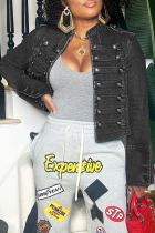 Black Casual Solid Color Buttons Cardigan Collar Long Sleeve Straight Denim Jacket