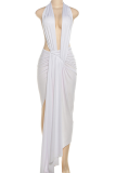 White Sexy Solid Color Backless Slit Halter Long Dresses
