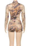 Brown Casual Print Zipper Zipper Collar Long Sleeve Two Pieces