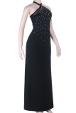 Black Sexy Solid Color Hot Drill Halter Long Dresses