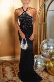Black Sexy Solid Color Hot Drill Halter Long Dresses
