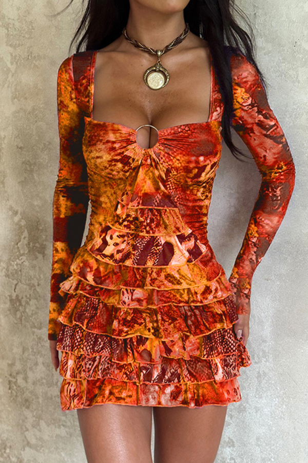 Orange Sexy Print Patchwork Square Neck Wrapped Skirt Dresses