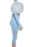 Blue Sexy Solid Color Hollow Out Off Shoulder Skinny Jumpsuits