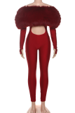 Burgundy Sexy Solid Color Hollow Out Off Shoulder Skinny Jumpsuits