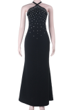 Black Sexy Solid Color Hot Drill Halter Long Dresses