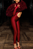 Burgundy Sexy Solid Color Hollow Out Off Shoulder Skinny Jumpsuits
