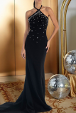 Black Sexy Solid Color Hot Drill Halter Long Dresses