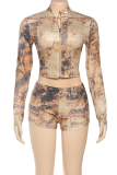 Brown Casual Print Zipper Zipper Collar Long Sleeve Two Pieces