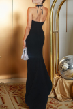 Black Sexy Solid Color Hot Drill Halter Long Dresses