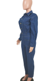 Blue Casual Solid Color Buckle Turndown Collar Regular Jumpsuits