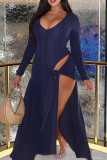 Tibetan Blue Sexy Solid Color High Slit V Neck Long Dresses