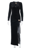 Black Elegant Solid Color High Slit V Neck Long Dresses