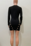 Black Sexy Solid Color Hollow Out O Neck Wrapped Skirt Dresses
