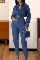Blue Casual Solid Color Buckle Turndown Collar Regular Jumpsuits