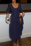 Tibetan Blue Sexy Solid Color High Slit V Neck Long Dresses