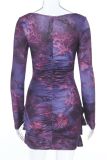 Rose Red Sexy Print Patchwork Square Neck Wrapped Skirt Dresses