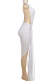 White Sexy Solid Color Backless Slit Halter Long Dresses