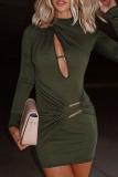 Army Green Sexy Solid Color Hollow Out O Neck Wrapped Skirt Dresses