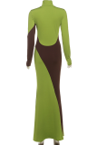 Green Elegant Solid Color Contrast Turtleneck Long Dresses